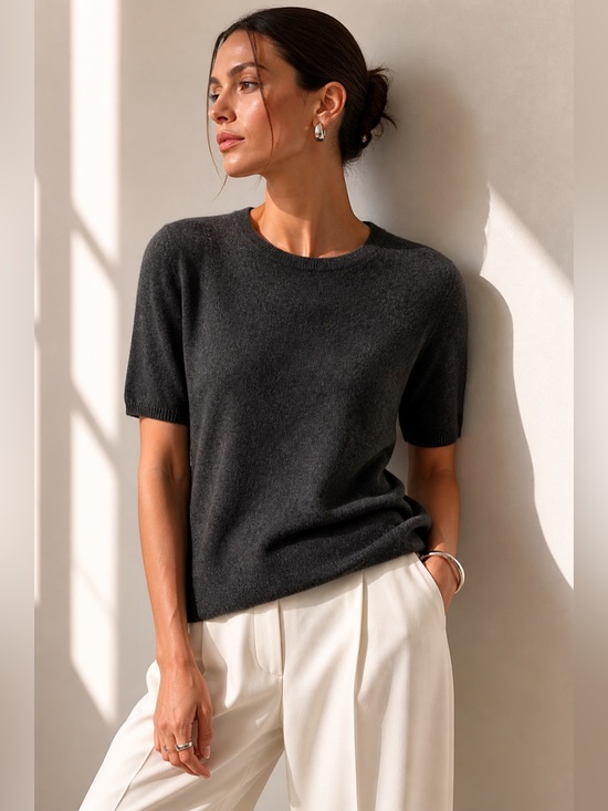 Hawick Tops - HAWICK Cashmere Scotland Charcoal Gray Cashmere Knit Top Minimalist Luxury